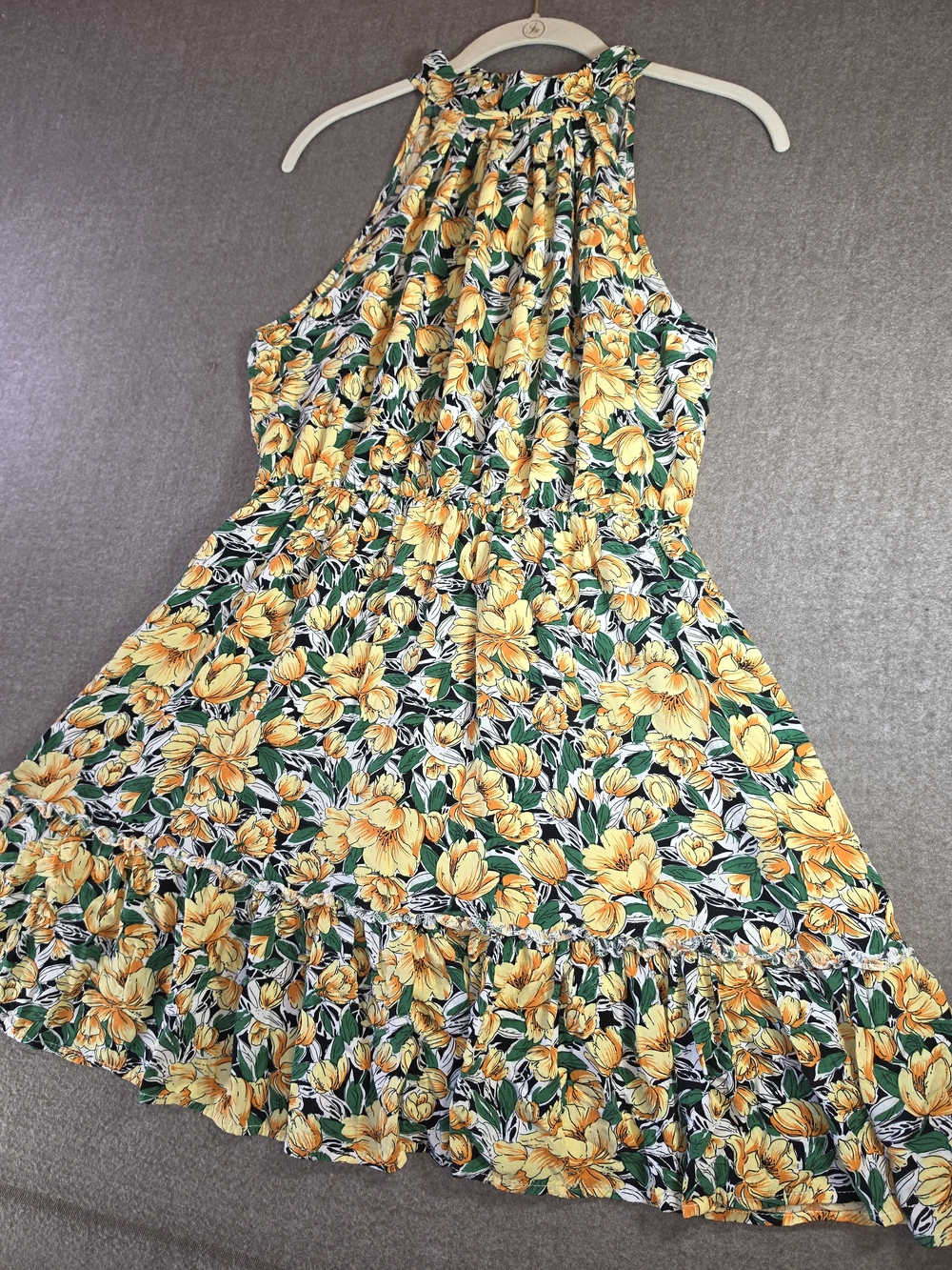 BTFBM Yellow Floral Halter Ruffle Dress Open Back Womens Small